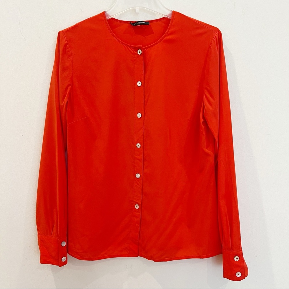 St John Blouse Top Womens Medium Orange Silk Button Up Mother Of Pearl Luxury